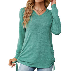 Blusa <span class=keywords><strong>de</strong></span> <span class=keywords><strong>Moda</strong></span> Europea, Color Sólido, Manga Larga, Cuello en V, Camiseta Informal Holgada con Pliegues para Mujer, Primavera-Otoño - Product Image 3