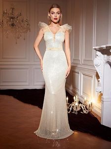 Vestido de noche largo con cuello en V, estilo cola de pez, elegante, con lentejuelas, estilo europeo, americano y de Oriente Medio, para el verano. - Product Image 2