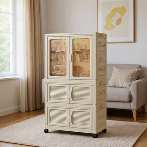 Armoire de rangement en plastique pliable à 3 niveaux, beige, mobile, avec roulettes, armoire portable, placard de rangement en plastique - Product Image 2