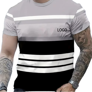 Camiseta de Manga Corta Casual de Verano para Hombre con Cuello con Patrón de Rayas en Contraste de Color, Tejido de Rizo Estampado, 100% Algodón, Secado Rápido - Product Image 1