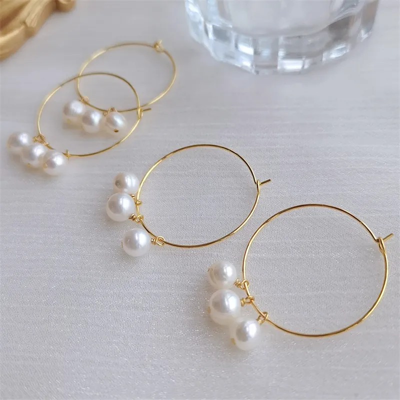 Dangle 7-8 mm fresh water natural pearl beaded gold plated handmade earrings 2022 hoop