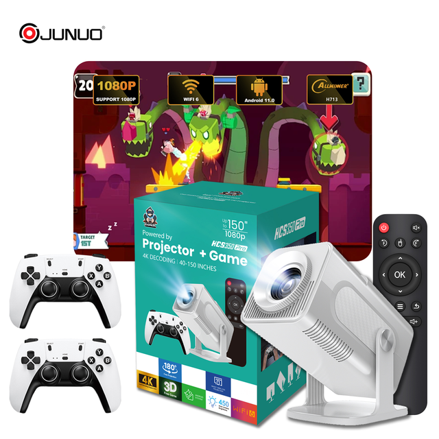 JUNUO HCS350 Pro High Quality Android 12 Projector 1080P LCD 450 Lumens Multi-Game 5G WiFi Short Throw 4K BT Remote Built-In