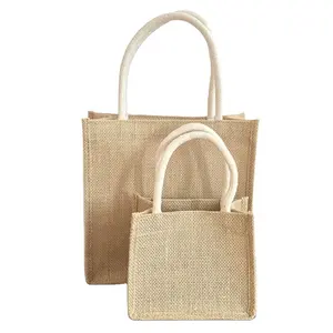 Mini bolso de compras de arpillera con logotipo personalizado barato, bolso de mano de yute para bodas