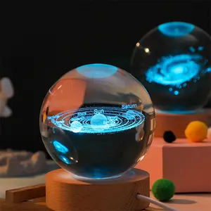 彩色水晶球行星球3D激光雕刻太阳能系统球定制发光二极管儿童夜灯