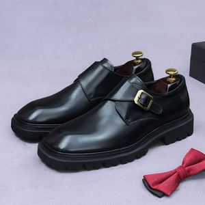 Chaussures habillées décontractées montantes pour hommes en cuir véritable de haute qualité, style rétro britannique, à bout pointu, semelle épaisse, à enfiler avec bride à boucle - Product Image 2
