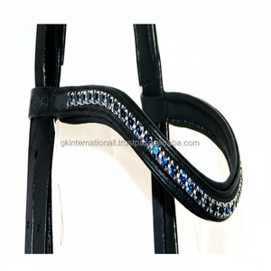 Bande de front de cheval en cuir rembourré de canal vide en forme de vague profonde de qualité supérieure décorée de cristaux bleu marine 1 rangée méga bling - Product Image 1