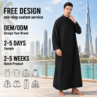 Qamis noir pour hommes musulmans, à manches longues et col montant, Jubbah, vêtement traditionnel saoudien, robe caftan boutonnée