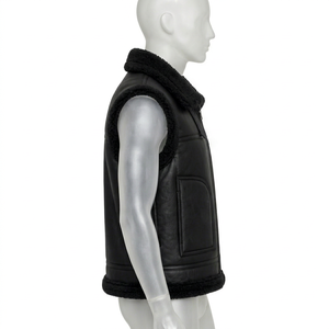 <b>Men's</b> <b>Black</b> Leather Sherpa Lined <b>Vest</b> Zip fur turn down caller Waistcoat Windproof - Product Image 4