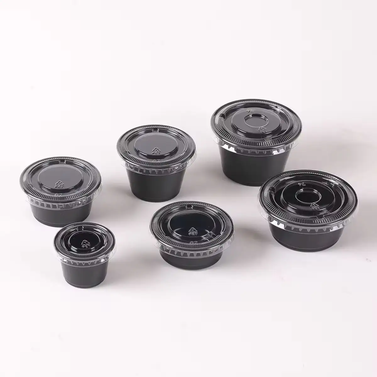 Fabbrica Eco Friendly High-grade1 OZ 1.5 OZ 2OZ 2.5 OZ 3.25 OZ 4 OZ porzione tazze di salsa di plastica nera tazza con coperchio