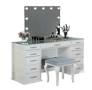 Modern Solid Wood Vanity Padded <b>Stool</b> Set 8mm Glass Top Storage Drawers LED Lighted Luminous White Finish for Room - Product Image 5