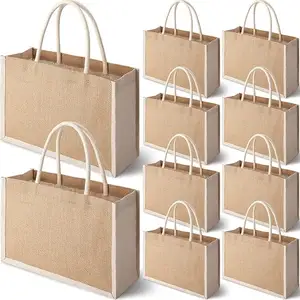 शॉपिंग के लिए रतन लकड़ी के हैंडल के साथ चुक्सिन 2024 हाई-एंड कस्टम लोगो हस्तनिर्मित बर्लेप जूट गनी टोट बैग