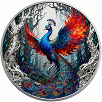 Pièce de monnaie colorée en relief de 1 Troy oz, en cuivre pur 999 avec placage en argent pur 999, motif paon, fabrication sur mesure