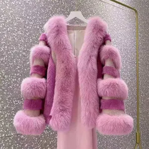 Abrigo de piel de animal para mujer, ropa de otoño, chaquetas de piel de visón real con Cuello de piel de zorro, parka, abrigos de estilo encogimiento de hombros