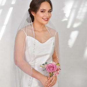 Voile de mariée simple à une seule couche avec perles, longueur personnalisable, vente directe d'usine YouLaPan V127, adapté aux mariages - Product Image 3