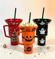 Gobelet 2-en-1 unique irisé pour boissons et snacks, type stade, avec bol à popcorn et compartiment à snacks, 32oz, avec paille