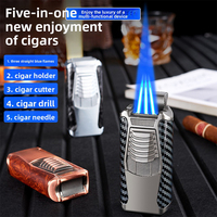 Briquet multifonction de luxe JH 5 en 1 à triple flamme en alliage de zinc, coupe-cigare, poinçon et aiguille intégrés, résistant au vent