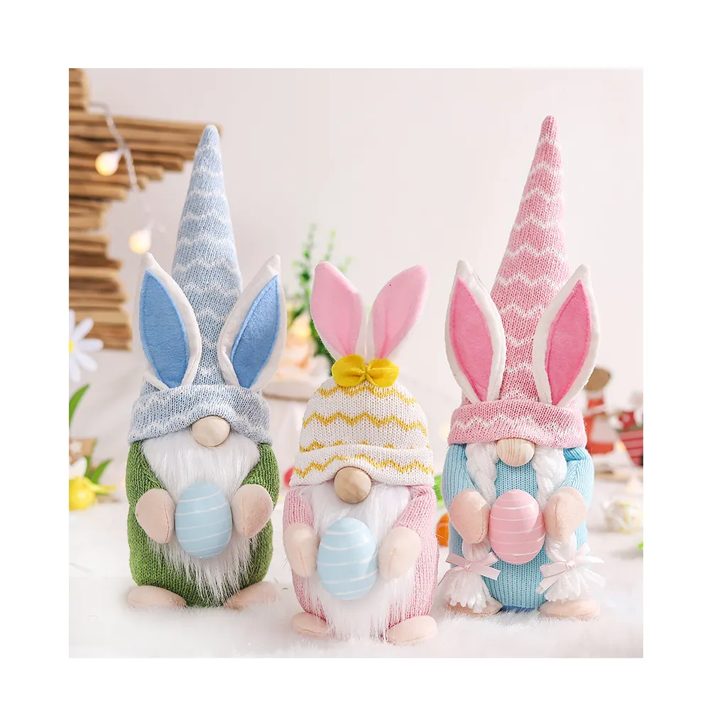 Conejito de Pascua fiesta Gnomo decoración regalo conejo muñeca sosteniendo un huevo tejido sin rostro enano muñeca adornos para el hogar