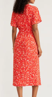Nouvelle Arrivée Été 2026 USA Australie : Robe Midi Rouge à Motifs Floraux, Col V Cache-cœur, Manches Courtes Volantes, Coupe Cache-cœur, Grande Vente