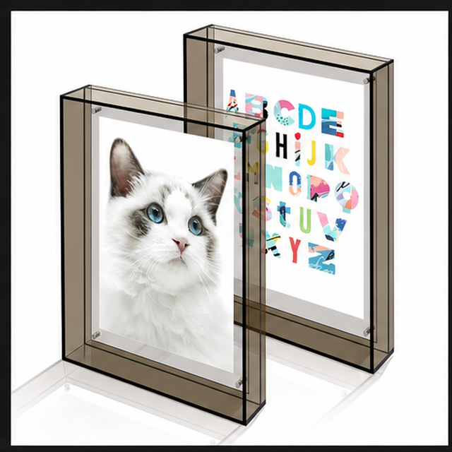 Smoked Transparent Plastic Floating Photo Frame Double Panel Picture Display for Wall Tabletop Modern Home Office Interiors
