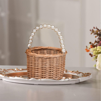 INUNION panier de pique-nique rond panier de fleurs avec poignée panier en osier en rotin pour Camping jardin de mariage avec poignée en perle