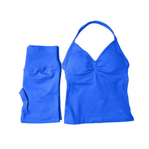 طقم رياضي نسائي من قطعتين قابل للتنفس، توب بدون ظهر وشورت ضيق بدون خياطة، ملابس رياضية للتمارين - Product Image 3