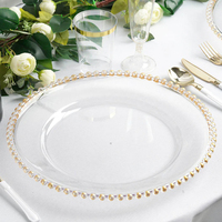Plaques de chargeur en plastique réutilisables 7.5 10.5 pouces, bon marché, bordure dorée perlée transparente décoration de mariage
