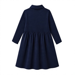 Low MOQ Children's Girls <b>Navy</b> Blue Cotton Long Sleeve School Uniform Dress with Collar Buttons for Primary Students - Product Image 3