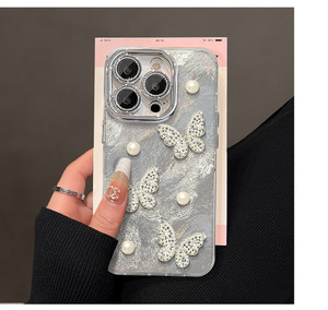 Sang Trọng Tự Làm Bướm Phụ Nữ Điện Thoại Di Động Trường Hợp Đối Với iPhone 16 15 Pro Max 14 Cộng Với 13 12 11 Sáng Bóng Lông Sợi Vỏ Funda Cover Quay Lại - Product Image 4