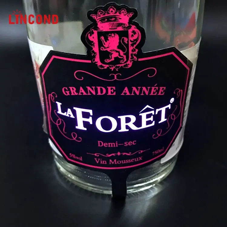 Etiqueta de botella luminosa LED intermitente personalizada de fábrica, impermeable, etiqueta de vino Led 3M para botella de vino y champán