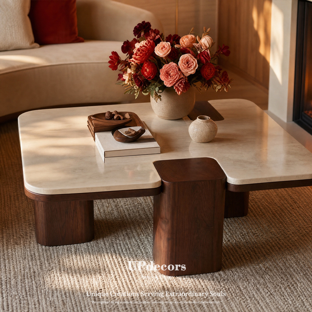 Excellent Quality Modern Small Nesting Walnut Rustic Marble Wooden Living Room Coffee Table Set