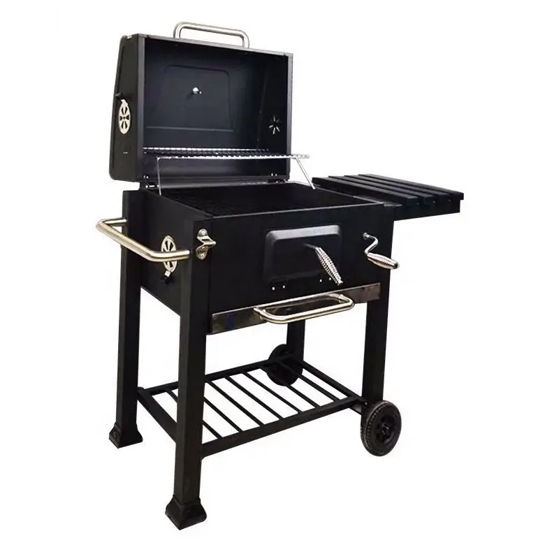 Charcoal BBQ Grill And Smoker Trolley Garden Grill With Foldable Shelves 24 Inch Square Large Charcoal Grill