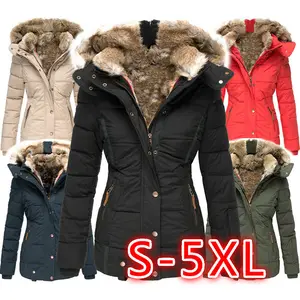 Wholesale Winter Warm Long Cotton Outwear Women Hooded Jacket Coat Fur Lining High Quality