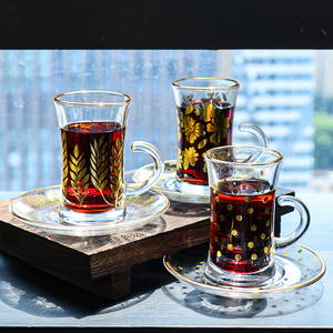 Tazza da caffè in vetro <span class=keywords><strong>di</strong></span> tacchino classica classica placcata in oro moderna tazza da tè in vetro retrò con piattino Set - Product Image 2