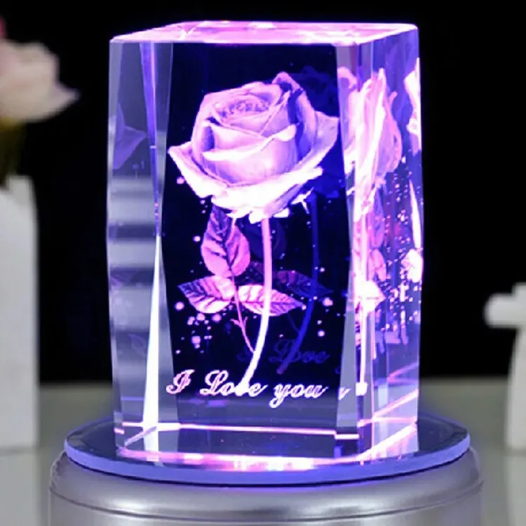 Cubo de cristal con luz Led, Rosa 3D, grabado láser, cristal blanco con Base
