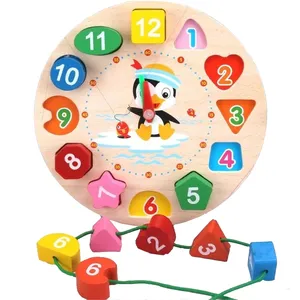 蒙特梭利卡通动物教育木制串珠几何数字时钟拼图小工具匹配时钟玩具