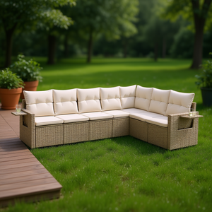 Ensemble de canapés de jardin en rotin beige 6 places, mobilier d'extérieur résistant aux intempéries, design contemporain - Product Image 2