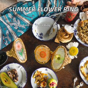 Summer Fashion Tarnish-Free Waterproof 18K Gold Plated Stainless Steel <b>Rings</b> Dry Flower <b>Open</b> Design Trendy Jewelry for Gifts - Product Image 3