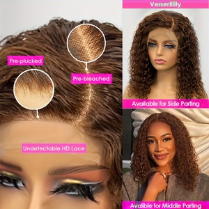 Parrucche Lace Front 13x4 per Donne Nere, Parrucca <span class=keywords><strong>Bob</strong></span> Ricci Corti Marrone Scuro Brasiliano, Parrucche Frontali in Pizzo di Capelli Umani con Onde Profonde, <span class=keywords><strong>Bob</strong></span> Colorato - Product Image 3