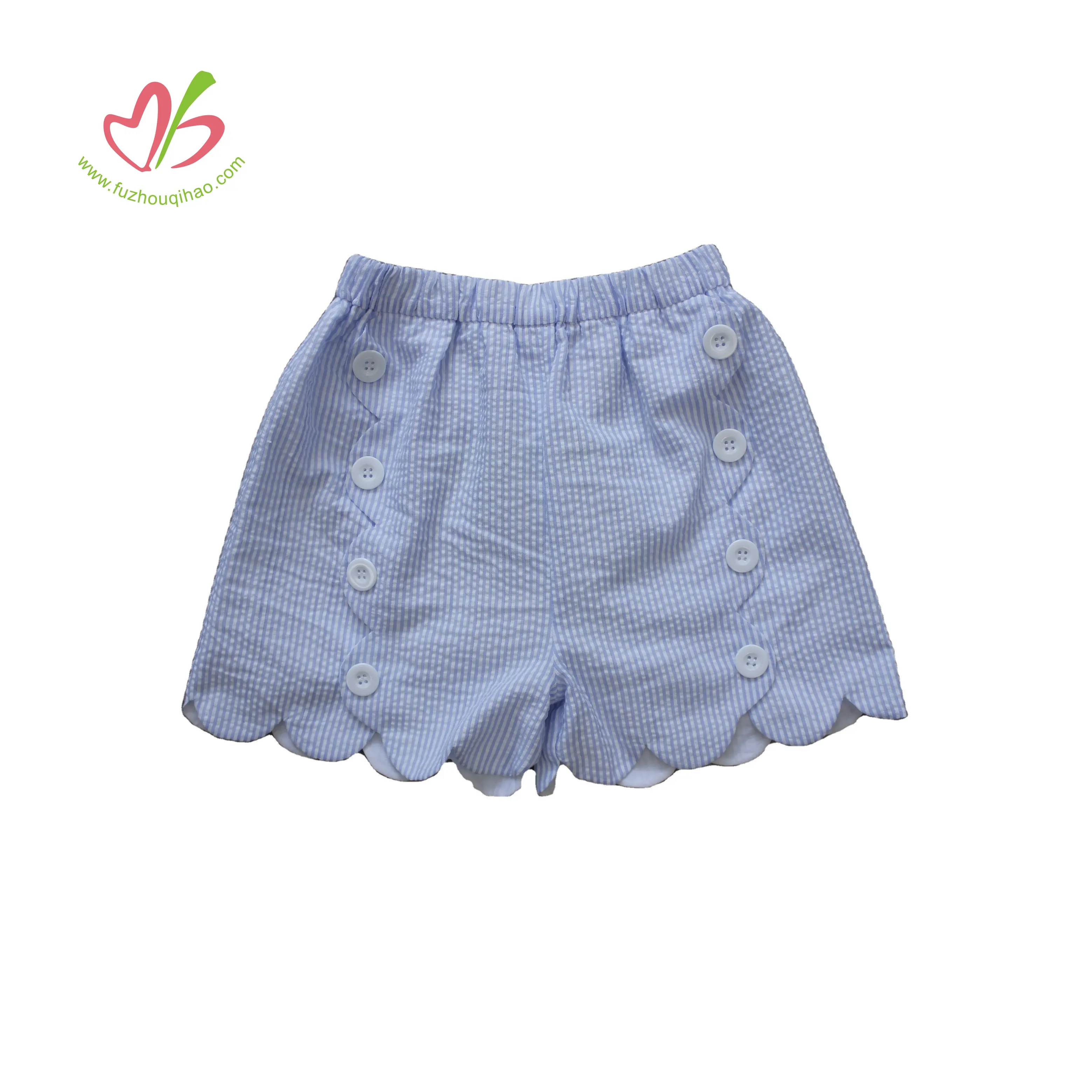 Fashion Boutique Style Kids Girl's Short Pants Blue Pink Seersucker Lined Girls' Scalloped Shorts