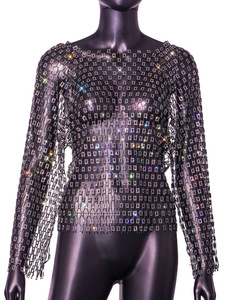 Usine prix de gros court SEXY Club Party Beach évidé résille maille cristal Bling strass à manches longues femme <span class=keywords><strong>haut</strong></span> - Product Image 6