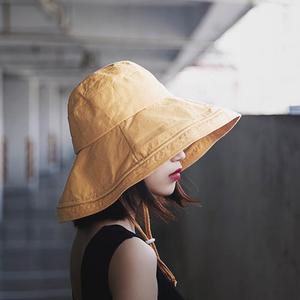 Korean Style Women's Wide Brim Bucket Hat Cotton Breathable Sun Protection Foldable Summer Fisherman Hat Solid Color Yellow - Product Image 2