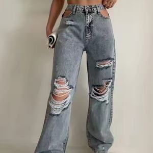 Novedad de Otoño: Jeans de Cintura Alta con Etiqueta Personalizada, Estilo Urbano Vintage, 100% Algodón, Lavado Ácido, Corte Recto, Desgastado - Product Image 2