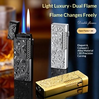 Briquet à gaz classique à double flamme coupe-vent, en métal doré, avec roue d'allumage latérale, alimenté au butane, portable