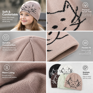 Gorro de Punto Personalizado con Diseño de Gato Adorable para Niños, Elástico, Cómodo y Cálido, Ideal para Compras, Juegos al Aire Libre, Viajes y Uso Diario - Product Image 4