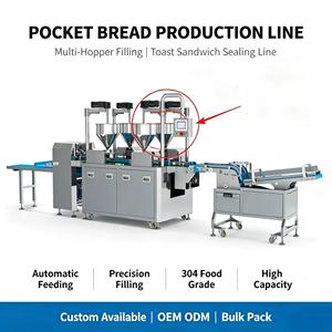 Ligne de production automatique de <span class=keywords><strong>pain</strong></span> de <span class=keywords><strong>poche</strong></span>, machine à encruster et sceller les sandwichs multi-trémies pour <span class=keywords><strong>pain</strong></span> fourré à la confiture et à la crème - Product Image 1