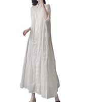 Robe longue ample artistique en ramie coupe trapèze grande taille Muguyu avec bordure à volants, fluide et transparente 260604193