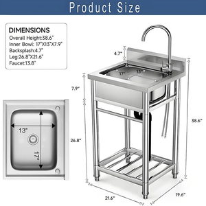 Évier de cuisine professionnel en acier inoxydable brossé à cuve unique avec égouttoir et étagère de rangement pour station de préparation de restaurant - Product Image 2