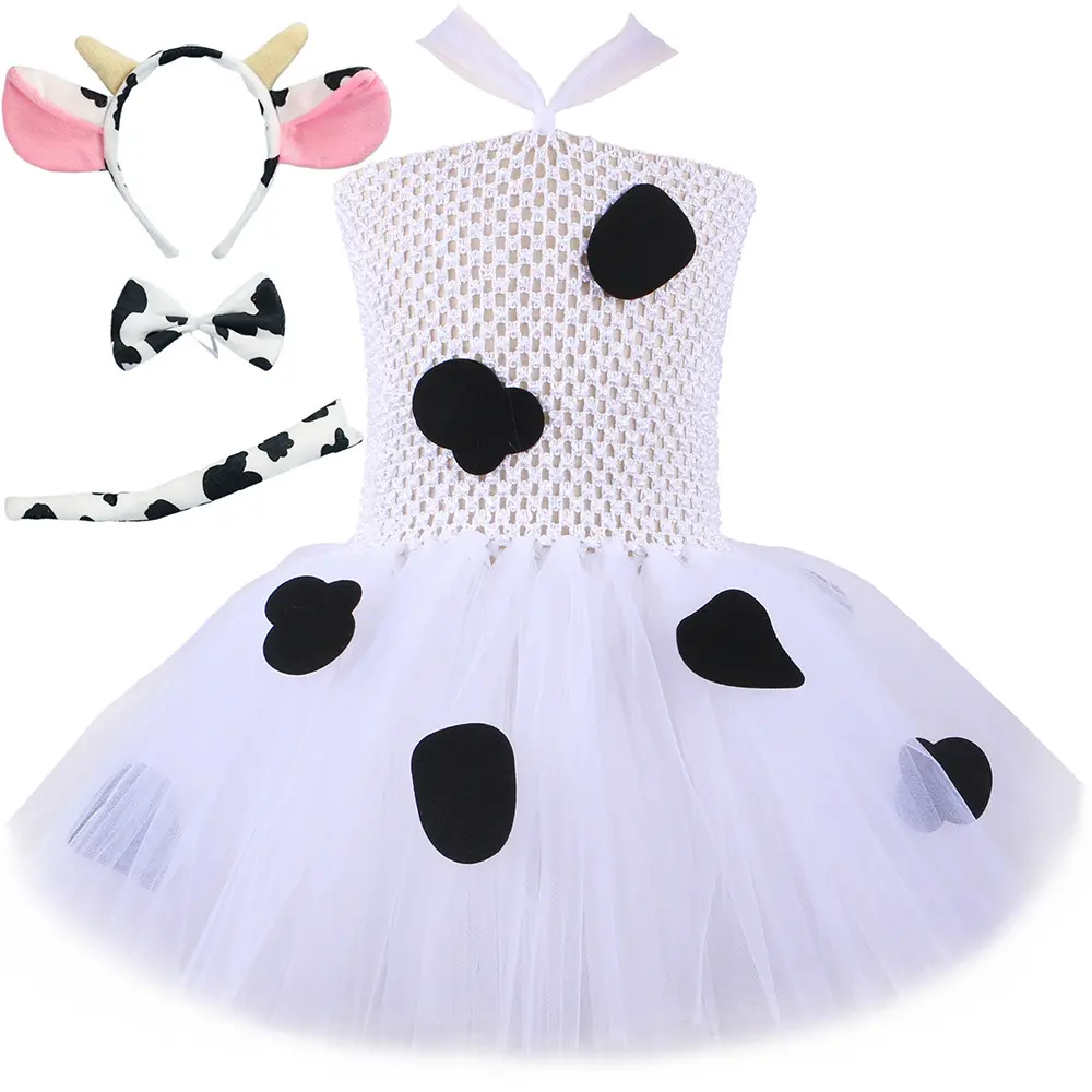 LZH – jupe Tutu en maille noire et blanche pour enfants, Costume Cosplay de fête, spectacle de célébration, robe de vache douce de dessin animé