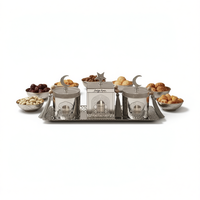 Ensemble de service islamique portable fait main et durable en acier inoxydable avec bocaux en verre, couvercles en forme de croissant et d'étoile, plateau décoratif pour le Ramadan et l'Aïd