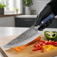 Couteau de Chef Vintage en Acier Martelé à Lame Large, Manche en Bois Pakka Bleu Ardoise, Manche Entier, Étui en Cuir, pour Droitier, Cuisine et Culinartie